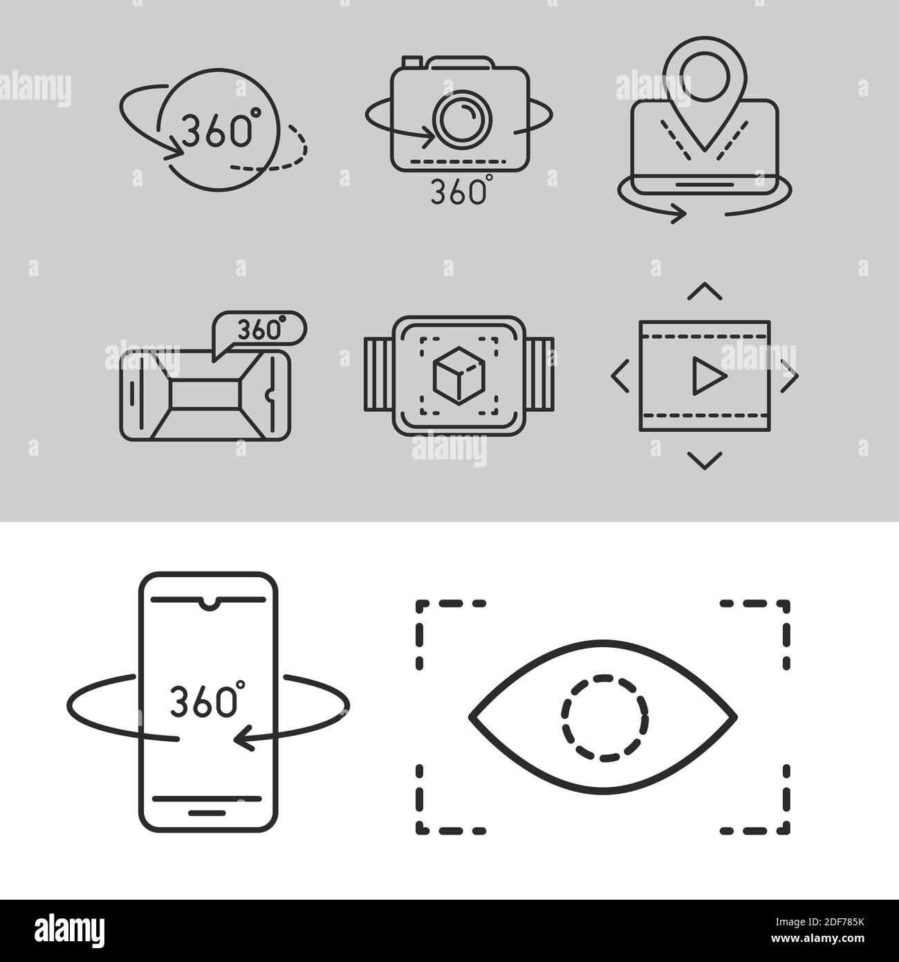 augmented reality icons set simulation, panorama view, 360 degree vector illustration line style Stock Vector