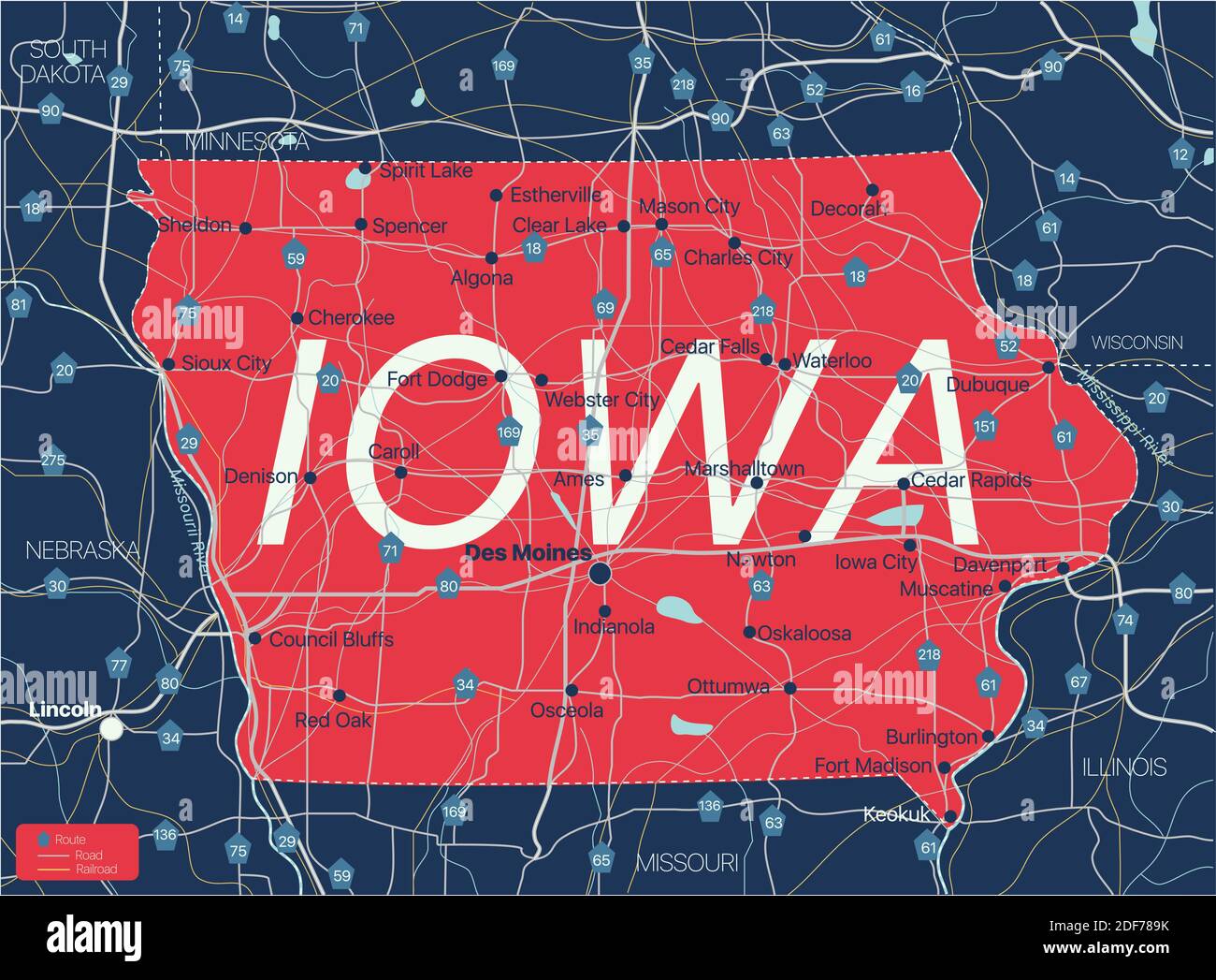 Iowa state detailed editable map with with cities and towns, geographic sites, roads, railways, interstates and U.S. highways. Vector EPS-10 file, tre Stock Vector