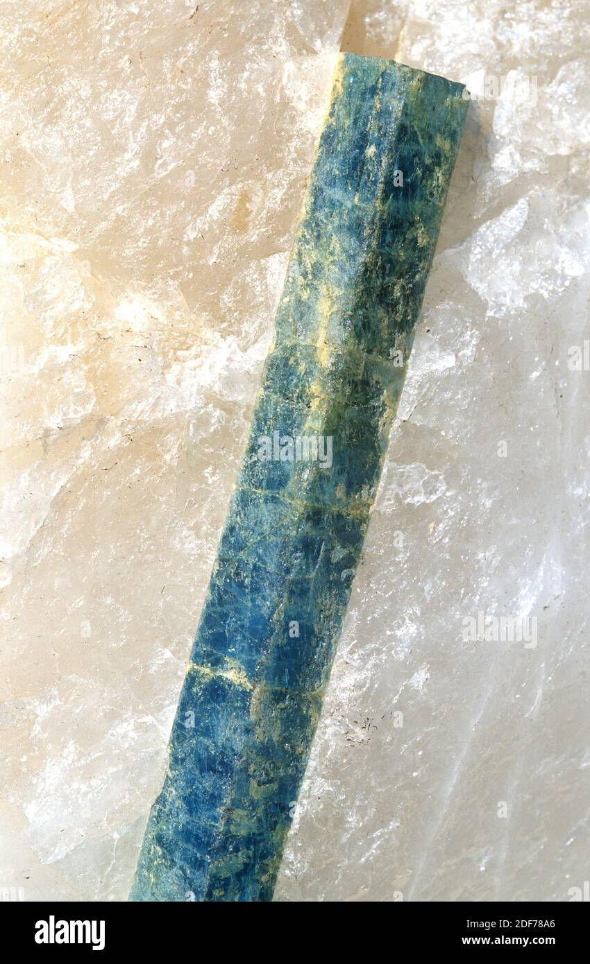 Beryl, aquamarine variety crystal. Beryl is a beryllium aluminium silicate (cyclosilicate). Aquamarine is a gemstone. Sample. Stock Photo