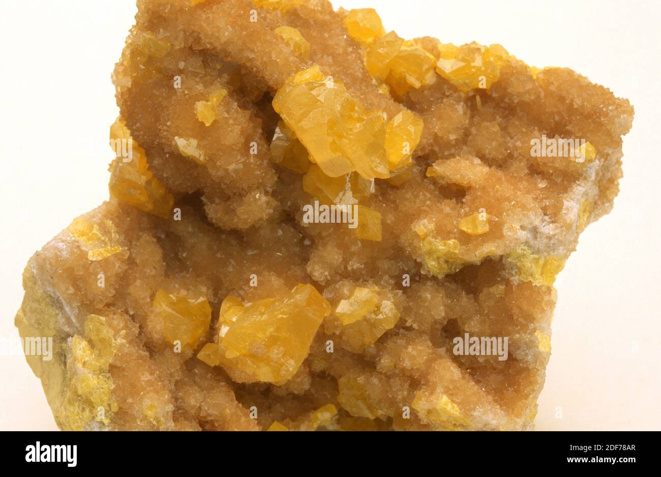 Sulphur or sulfur is a native element mineral. Sample. Stock Photo