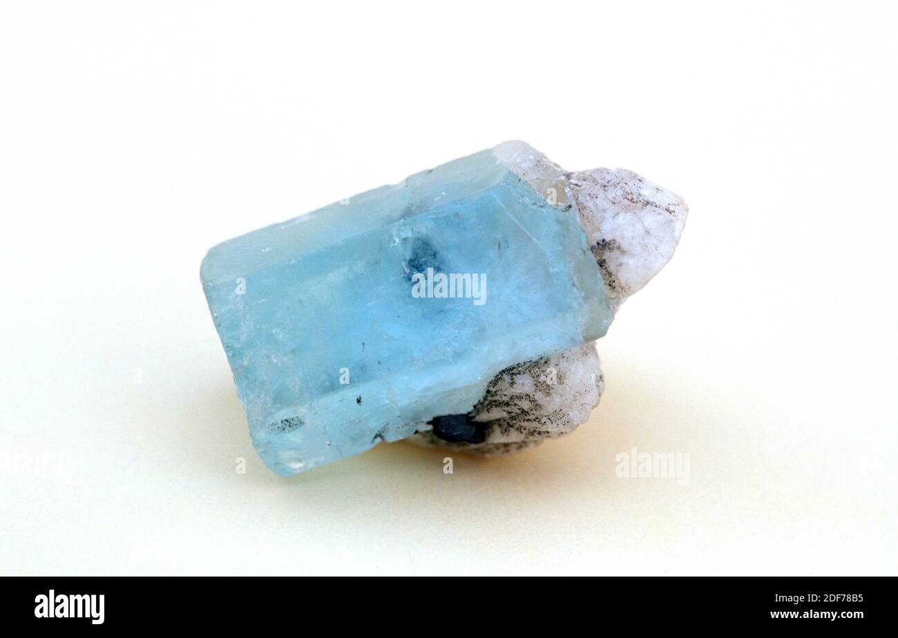 Beryl, aquamarine variety crystal. Beryl is a beryllium aluminium silicate (cyclosilicate). Aquamarine is a gemstone. Sample. Stock Photo