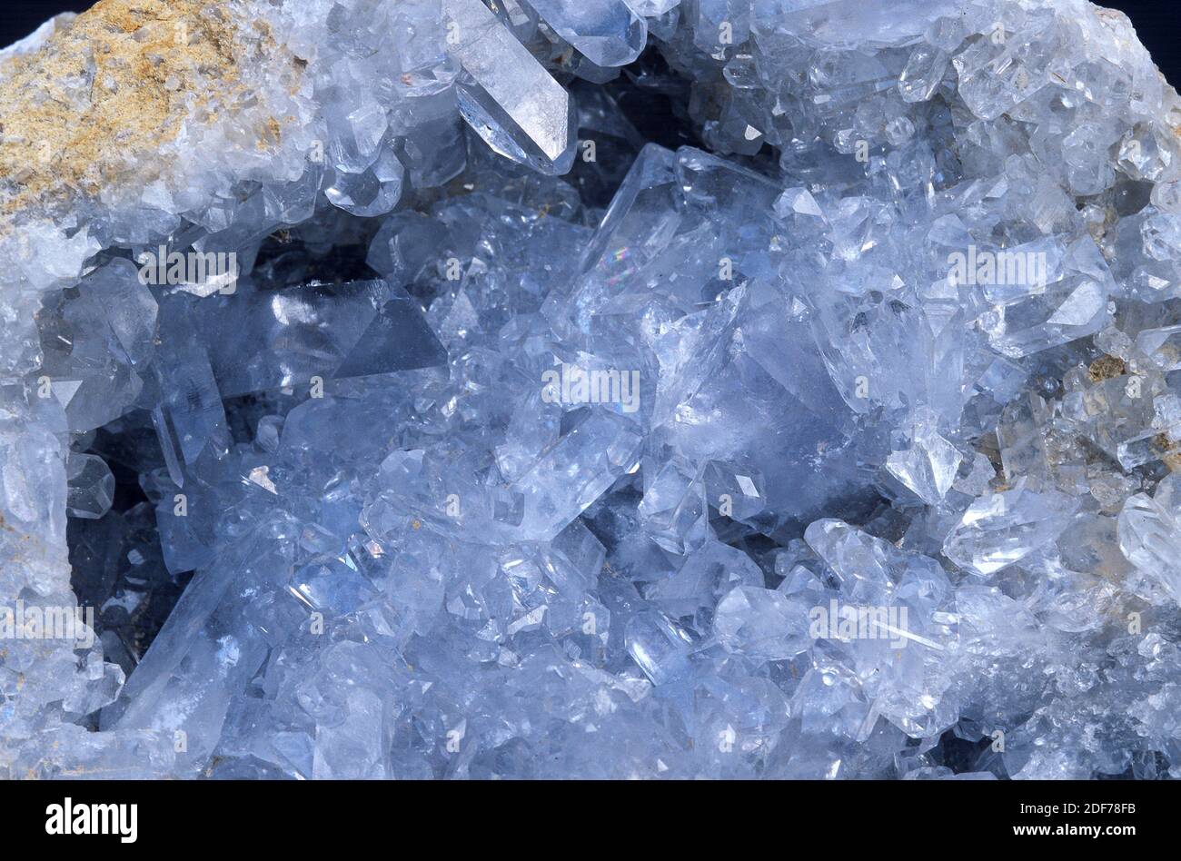 Celestine or celestite is a strontium sulfate mineral. Geode. Stock Photo