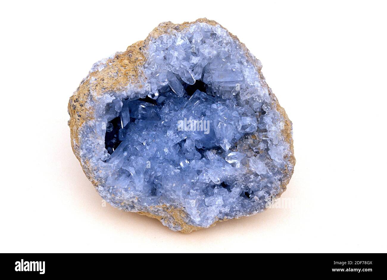 Celestine or celestite is a strontium sulfate mineral. Geode. Stock Photo