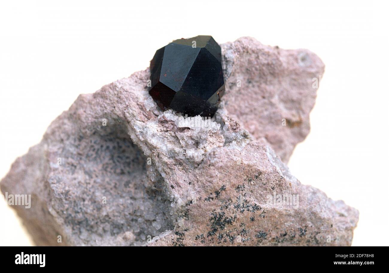 Spessartine is a variety of garnet composed by manganese aluminium silicate. Natural crystal. Stock Photo