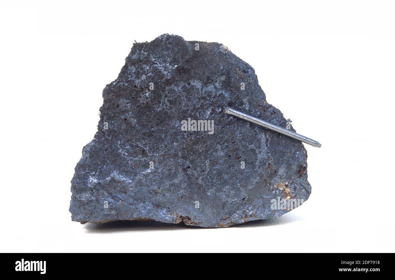 Magnetite is an iron oxide mineral with magnetic properties. Sample attracting metal objects. Stock Photo