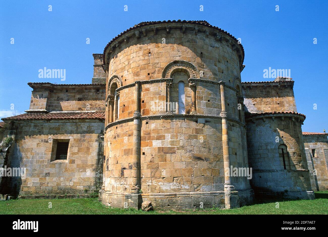 Colegiata de Santa Cruz de Castañeda, romanisque 12th century. Socobio, Cantabria, Spain. Stock Photo