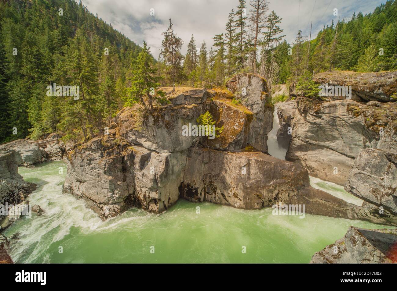 Panoramic view of the Nairn Falls in the Provincial Park of the same name, where the Green River overcomes the 60 meters of altitude in several stages. Stock Photo