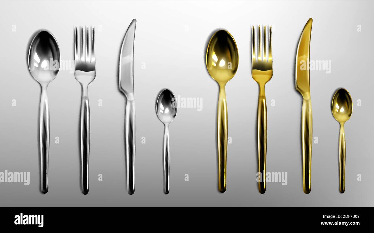 3d cutlery of golden and silver color fork, knife, spoon and teaspoon. Silverware and gold utensil, catering luxury metal tableware top view isolated on grey background, Realistic vector illustration Stock Vector