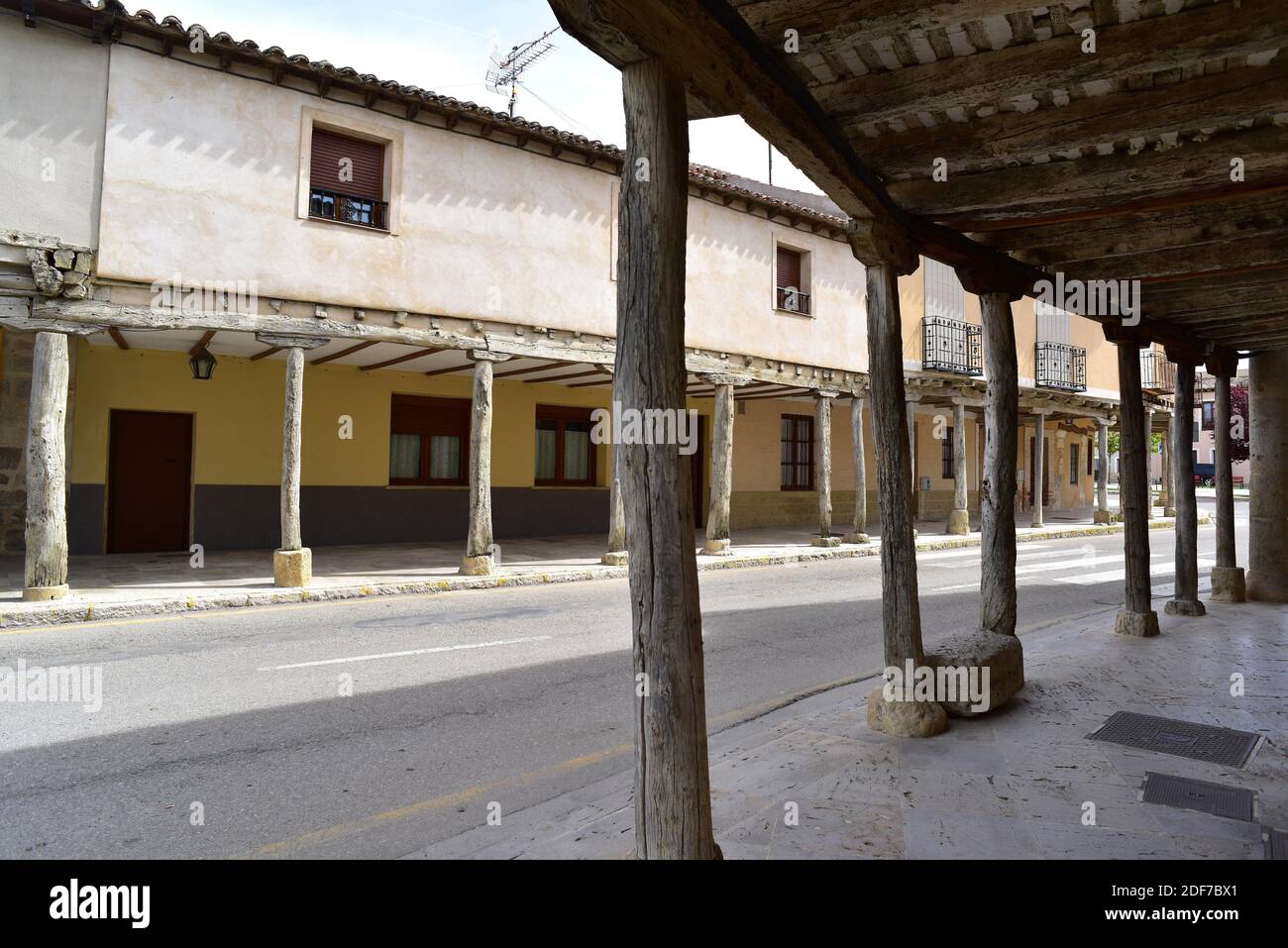 Ampudia, arcaded street. Tierra de Campos, Palencia province, Castilla y Leon, Spain. Stock Photo