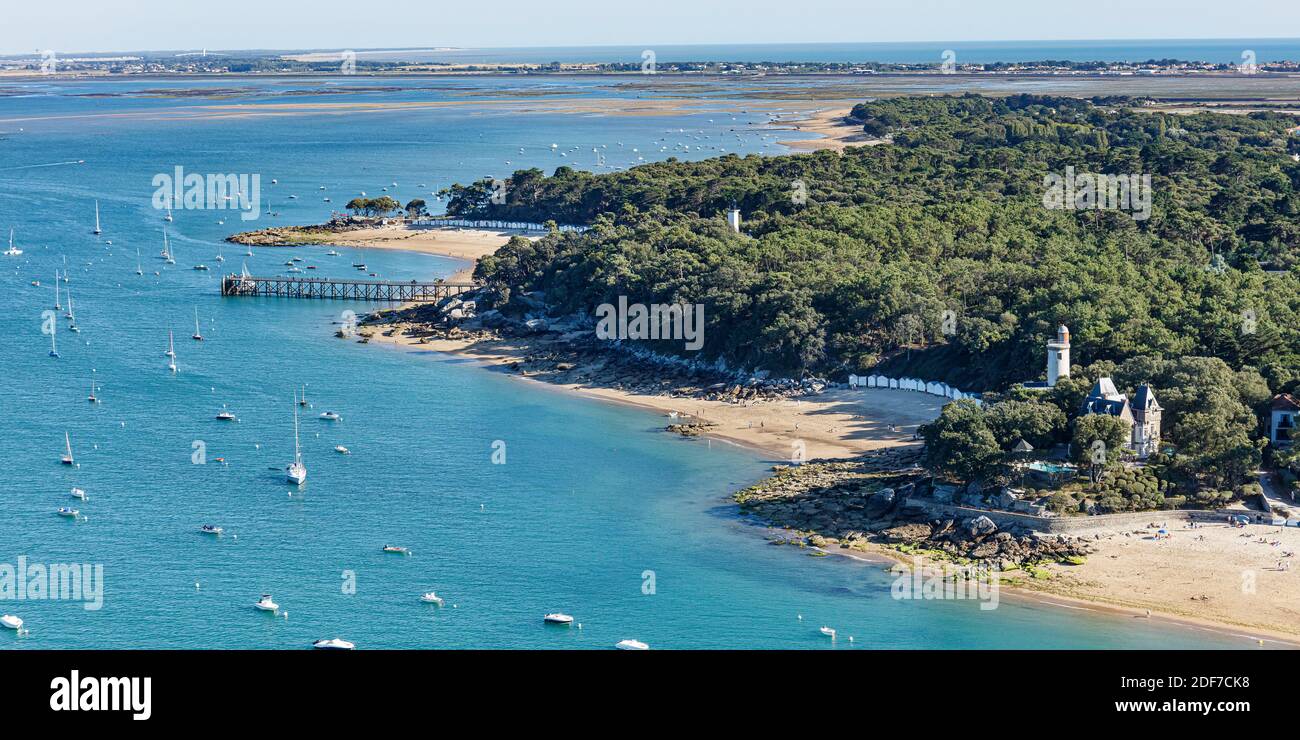 France, Vendee, Noirmoutier en l'Ile, L'Anse Rouge beach, Les Dames beach and Plantier tower (aerial view) Stock Photo