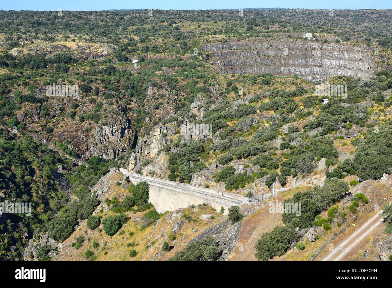 Almendra dam, spillway and quarry. Salamanca province, Castilla y Leon, Spain. Stock Photo