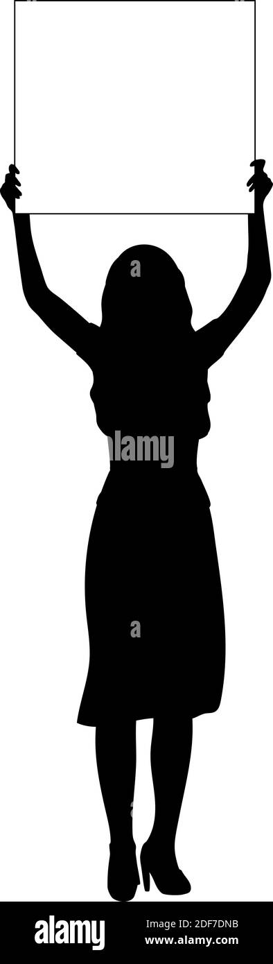 Silhouette woman holds banner placard blank white sheet for text space. Illustration symbol icon Stock Vector