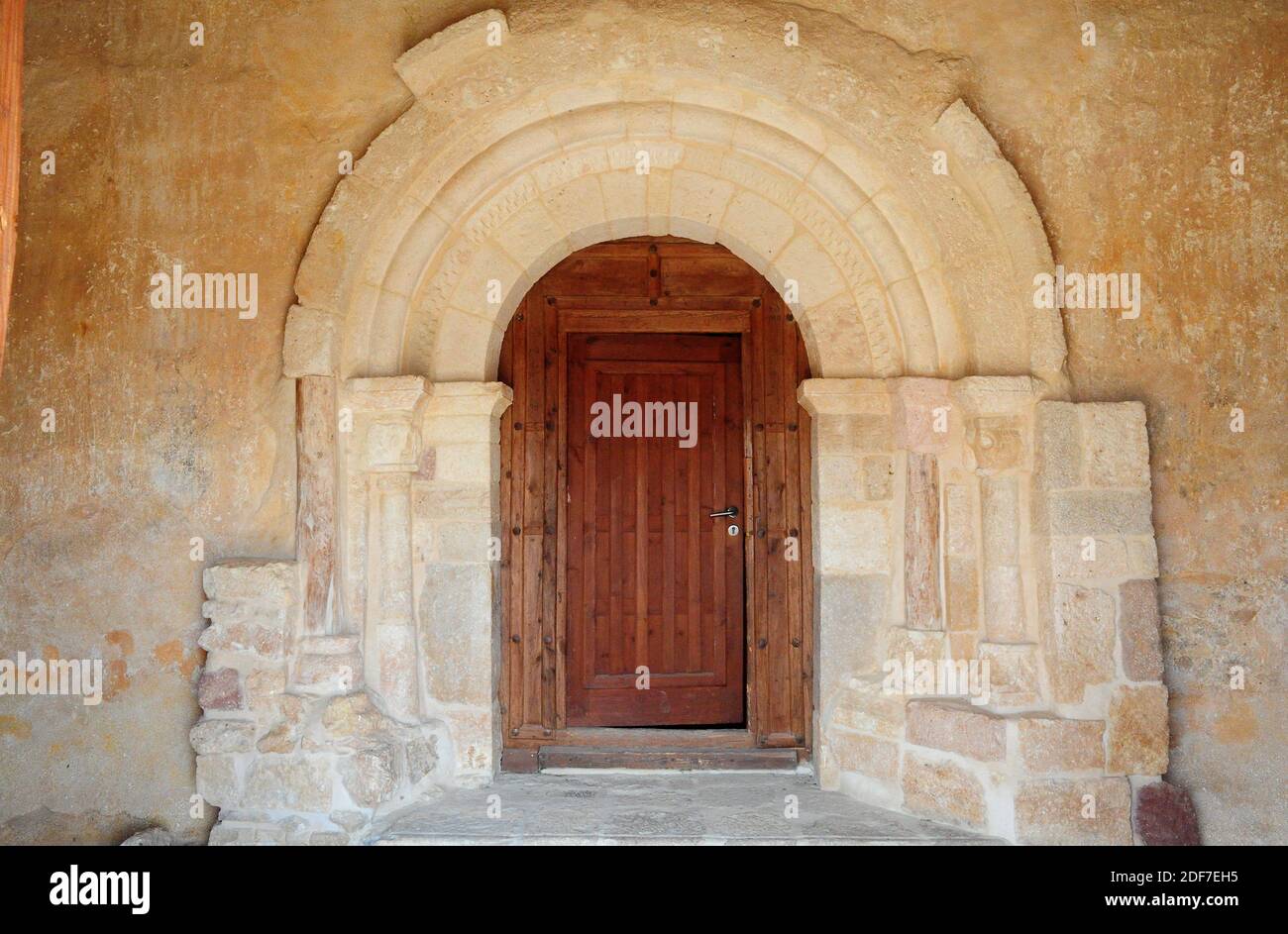 Gormaz, San Miguel Hermitage (romanesque 11th century). Portal. Soria province, Castilla y Leon, Spain. Stock Photo