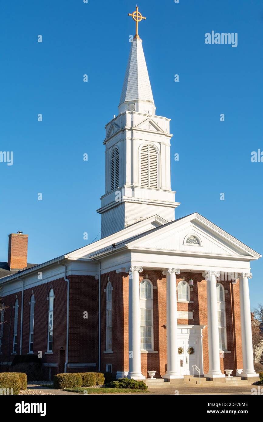 Old church and spire in Geneseo, Henry county, Illinois. Stock Photo