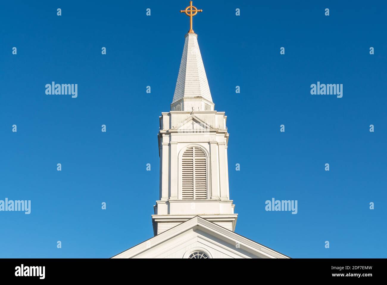 Old church and spire in Geneseo, Henry county, Illinois. Stock Photo