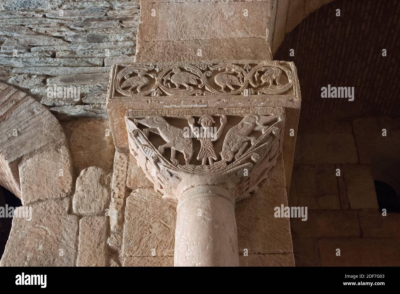 San Pedro de la Nave visigothic church 7-8th centuries, capital (Daniel in the lions den). El Campillo, Zamora province, Castilla y Leon, Spain. Stock Photo