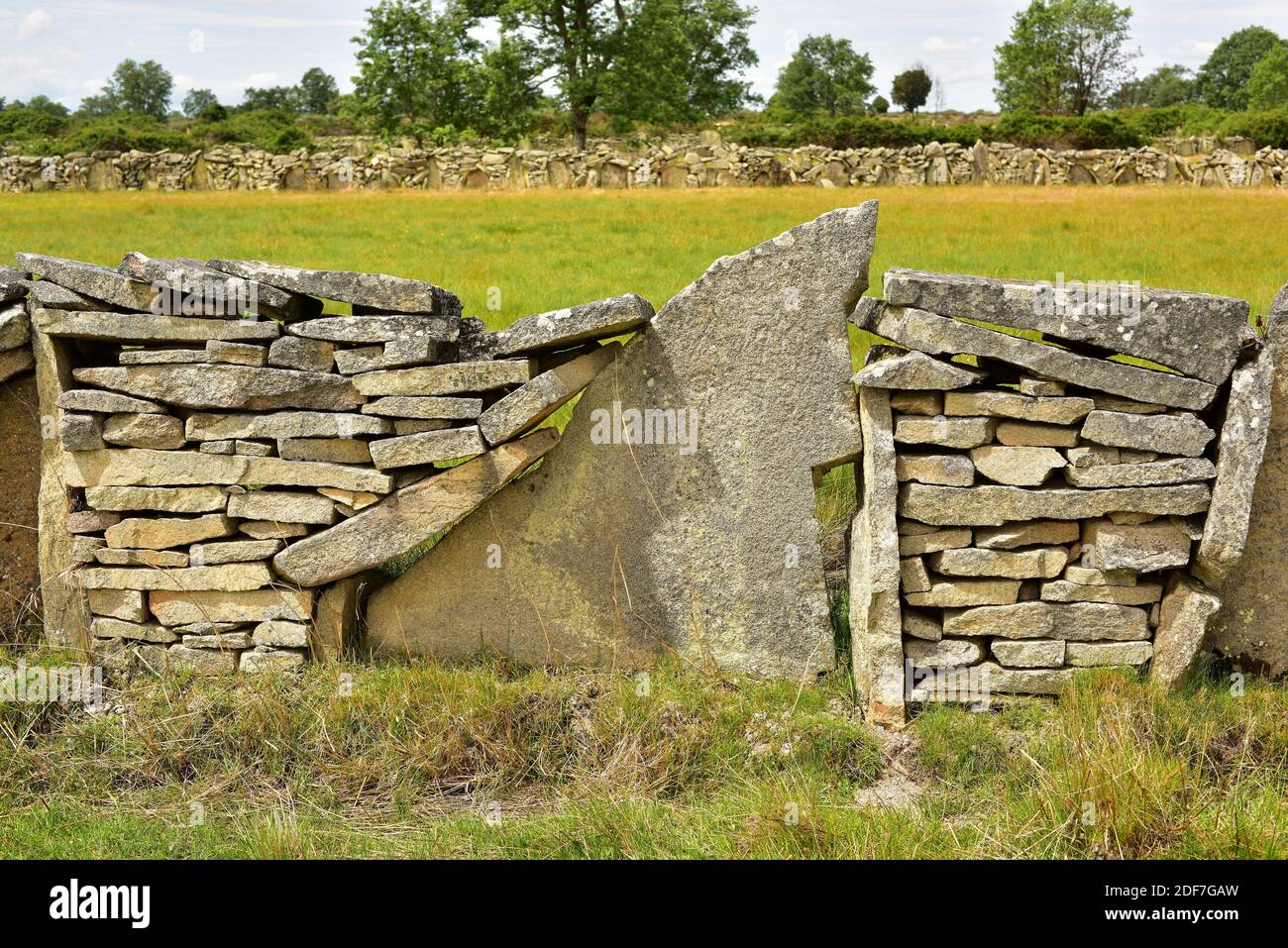 Dry stone wall with field (cortina). Sayago, Zamora province, Castilla y Leon, Spain. Stock Photo