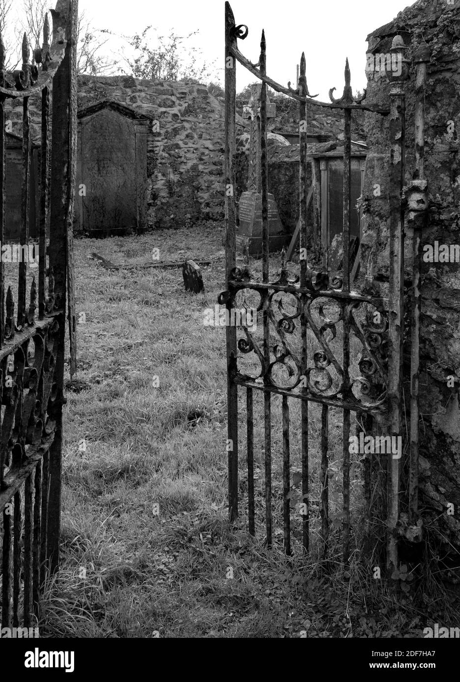 Monochrome spooky graveyard in West Wales in Winter Stock Photo