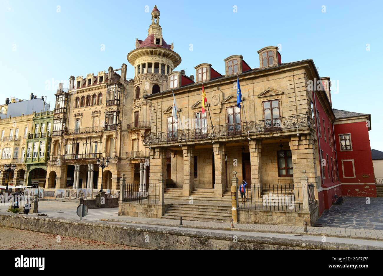 Ribadeo, City hall and Torre de los Moreno (modernist building). Lugo province, Galicia, Spain. Stock Photo