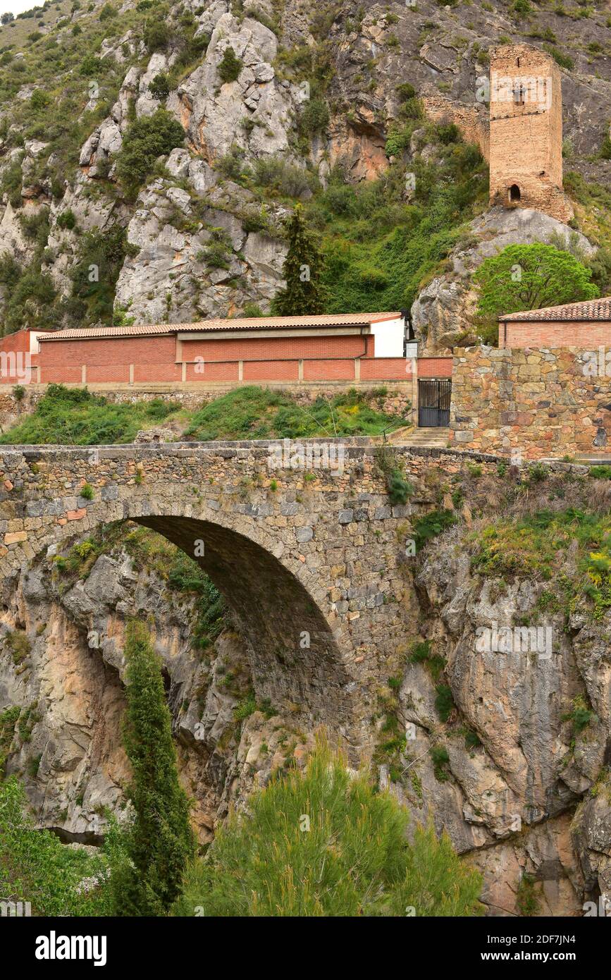 Arnedillo, Castle bridge and castle remains. La Rioja, Spain. Stock Photo