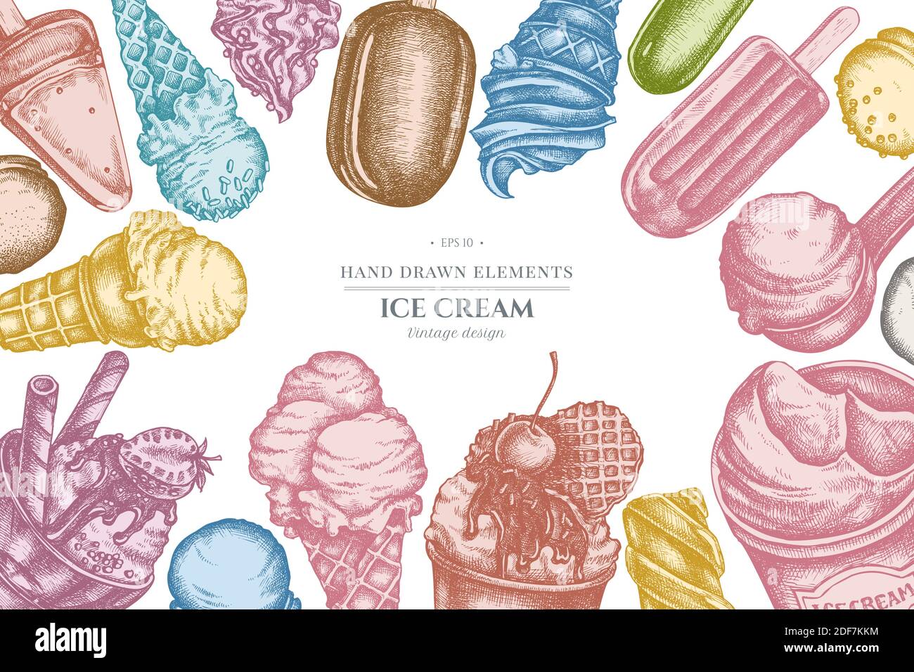 Design with pastel colored ice cream bowls, ice cream bucket, popsicle