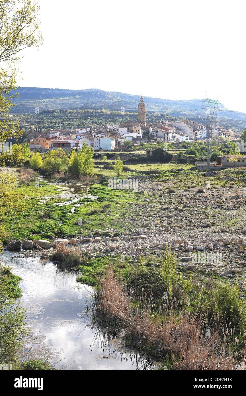 Forcall and Calders river. Els Ports, Castellon, Comunidad Valenciana, Spain. Stock Photo