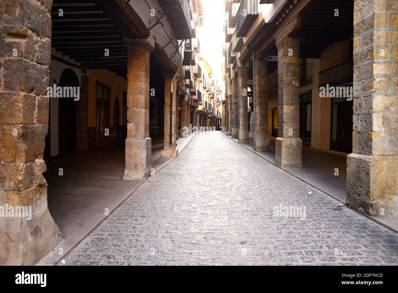 Morella, Main street (arcaded street). Els Ports, Castellon, Comunidad Valenciana, Spain. Stock Photo