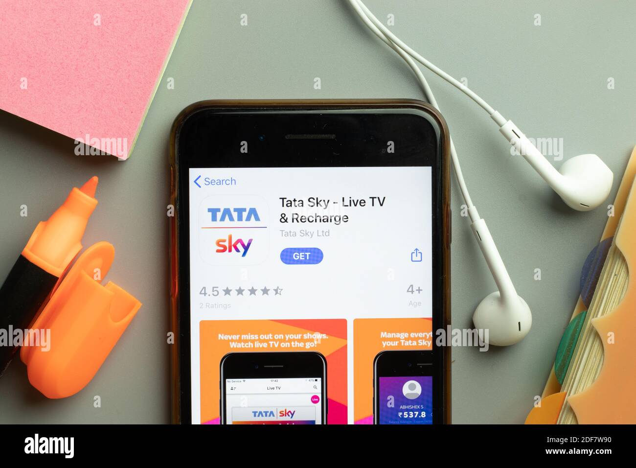 New York, USA - 1 December 2020: Tata Sky Live TV mobile app icon on phone screen top view, Illustrative Editorial. Stock Photo