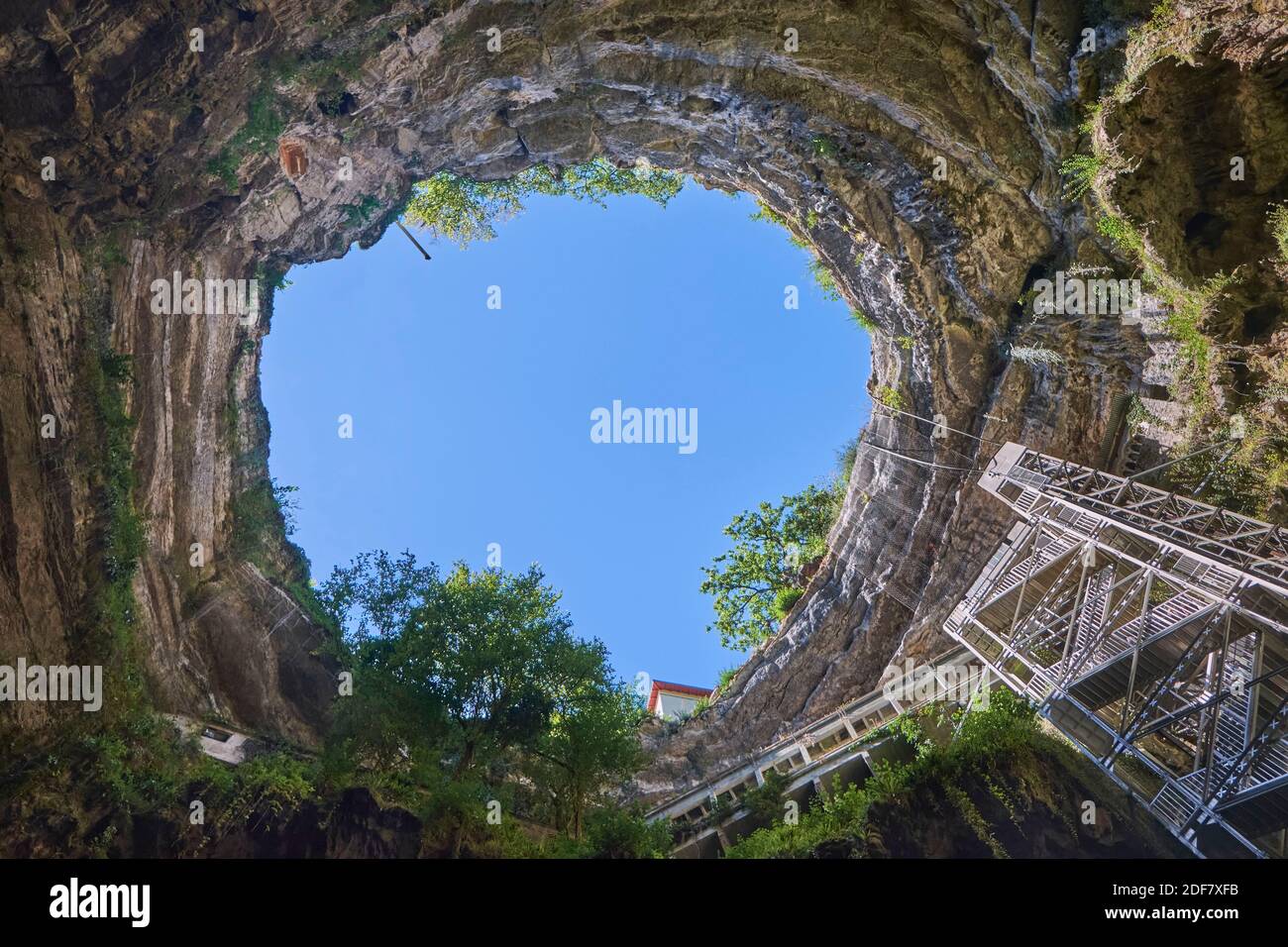 France, Lot, Causses du Quercy Regional Natural Park, Padirac, Padirac chasm, view from below Stock Photo