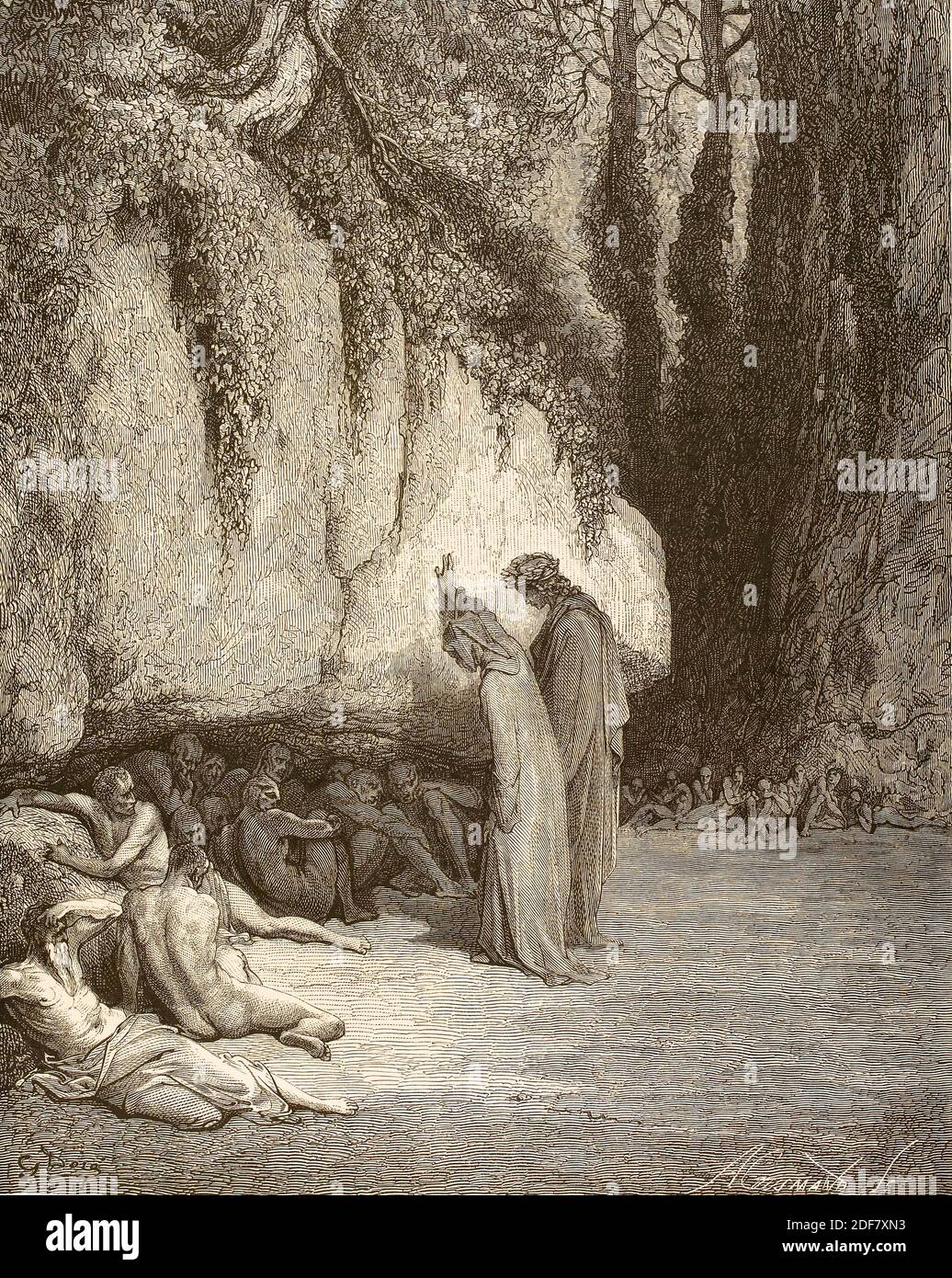 Dante - Divina Commedia - Purgatory - Illustration by Gustave Dorè - Dante and Virgilio - Belacqua Stock Photo