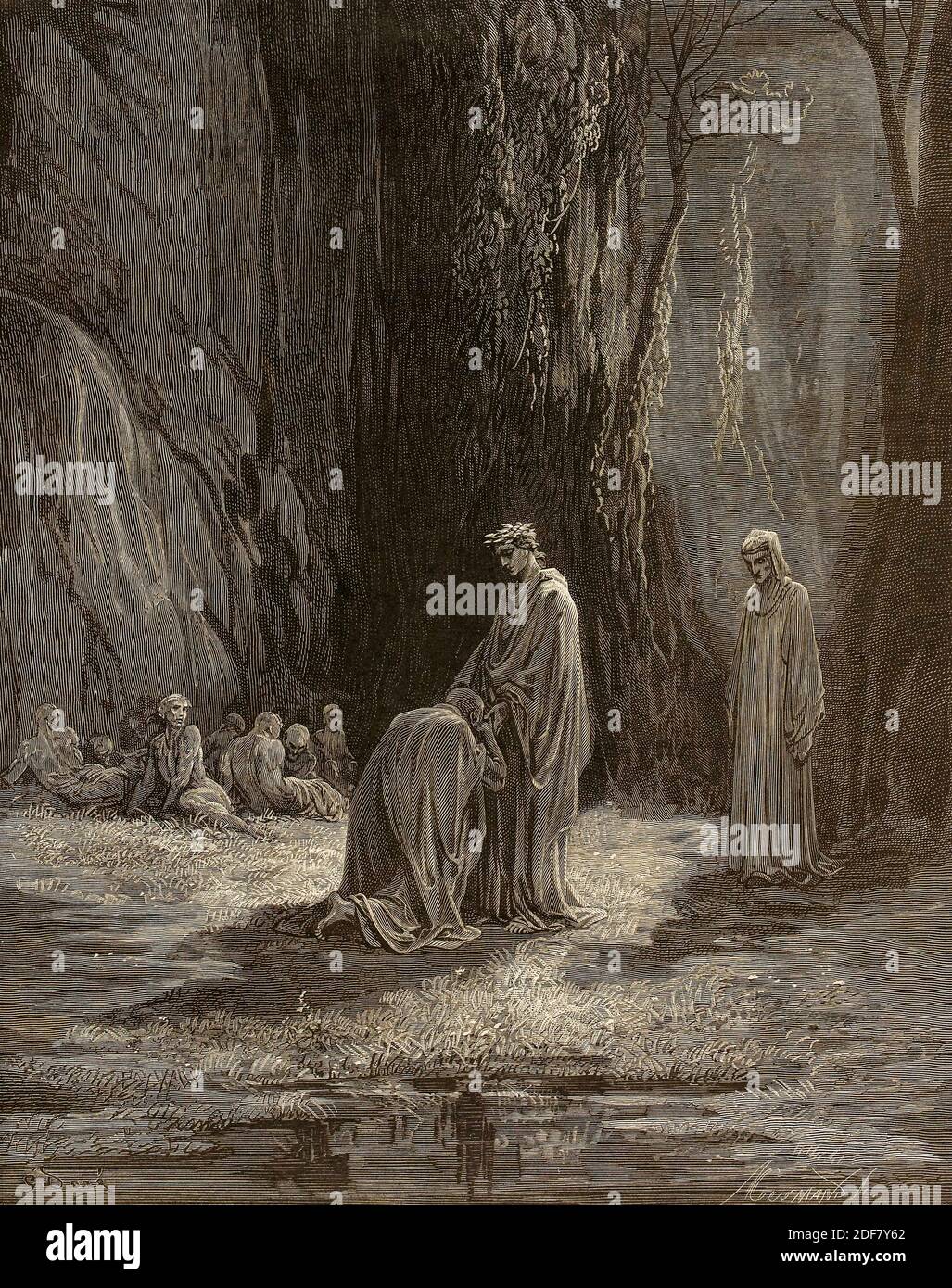 Dante - Divina Commedia - Purgatory - Illustration by Gustave Dorè - Canto VI - Sordello da Goito kneeling in front of Virgil Stock Photo