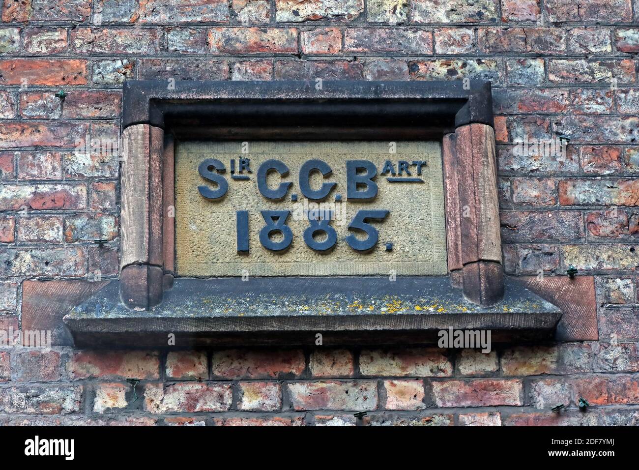 Walton Village, Warrington, Sir,CCB,art,1885, inscription on St Johns Community Hall,Cheshire, England,UK, WA4 6SN Stock Photo