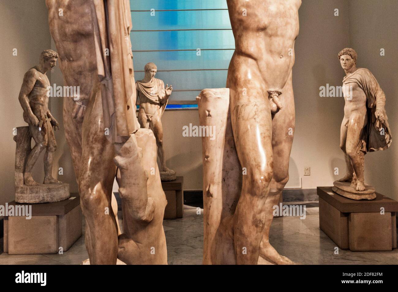 In the foreground Sculptural pairing of the tyrannicides Harmodius and Aristogeiton, Ancient Greek, Roman copies of the Athenian originals, now lost, Stock Photo