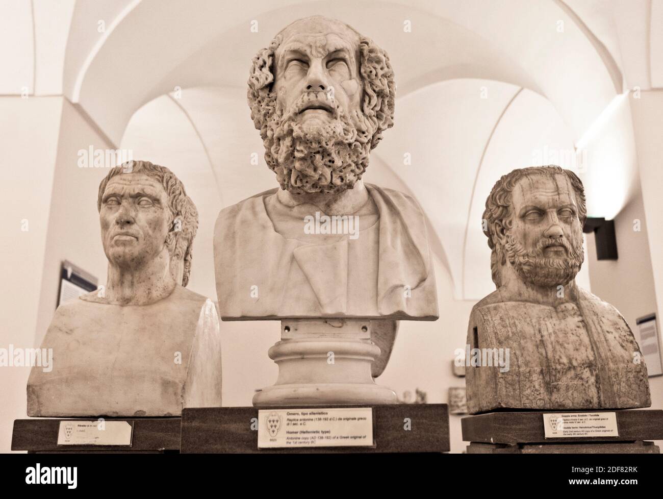 In the center head of Homer, Hellenistic type, Antonine copy of a Greek original, Hellenistic sculpture, at right Herodotus, National Archaeological Stock Photo