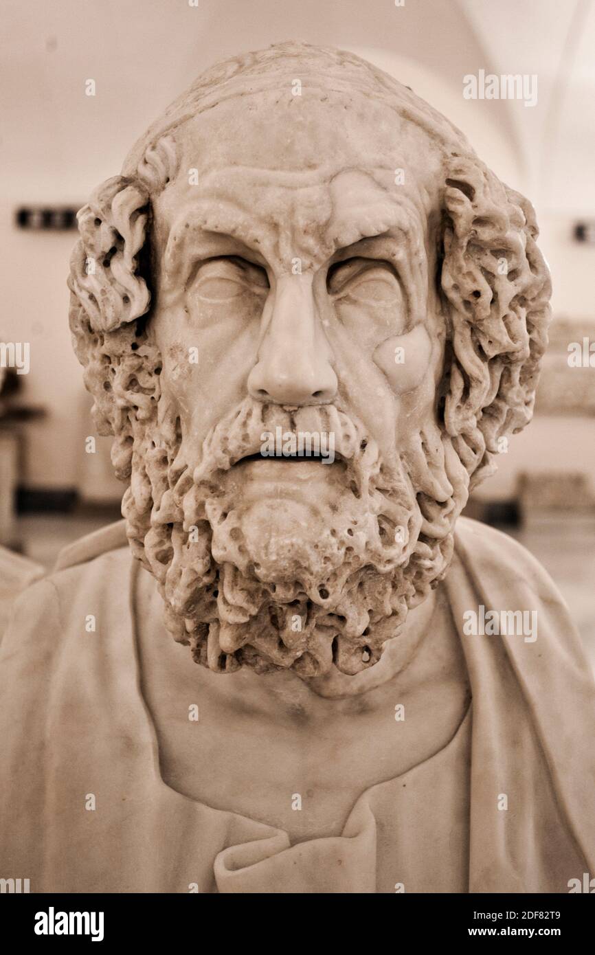 Homer, Hellenistic type, Antonine copy of a Greek original, Hellenistic sculpture, National Archaeological Museum of Naples, MANN, Naples city, Stock Photo