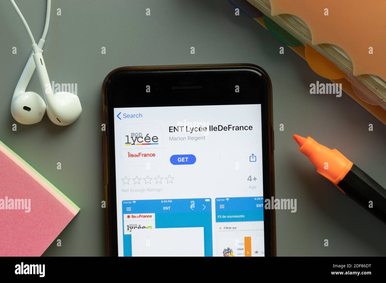 New York, USA - 1 December 2020: ENT Lycee IleDeFrance mobile app icon on phone screen top view, Illustrative Editorial. Stock Photo