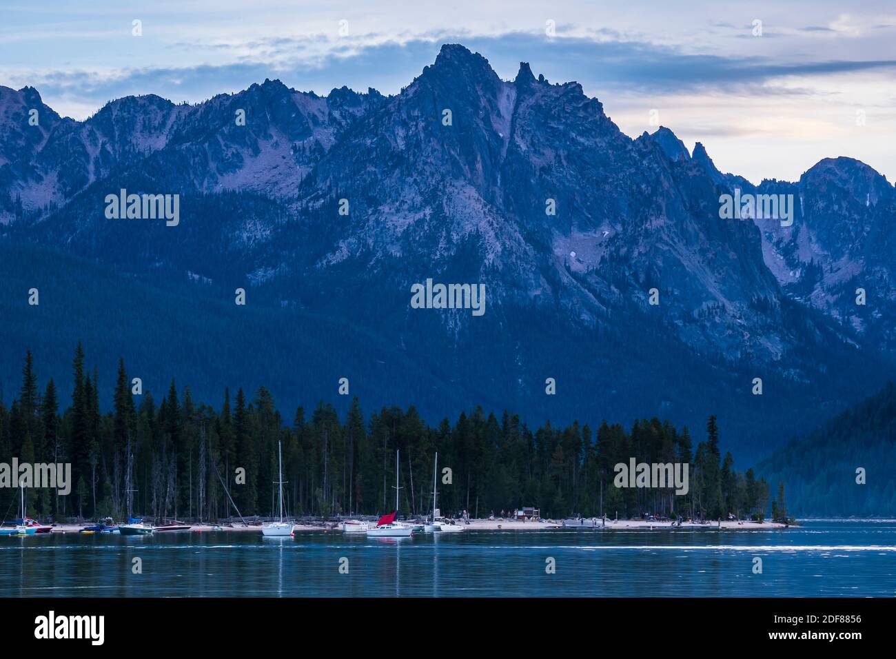 Boats moored near boat putin, Redfish Lake, Sawtooth National