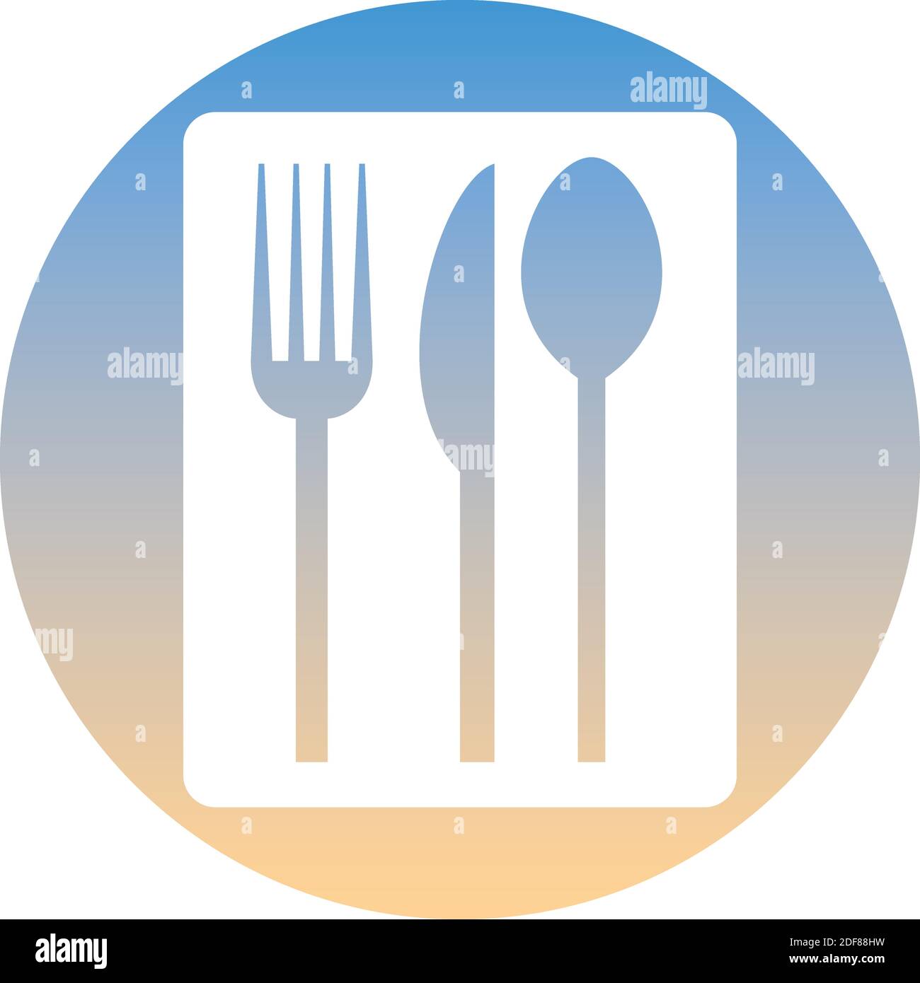 Cutlery symbol of a set. White spoon, fork and knife icon, on gradient button. Use for banner, card, poster, brochure, banner, app, web design. Easy t Stock Vector