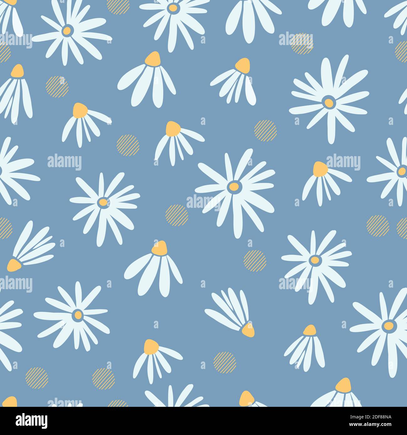 White daisies seamless pattern on a yellow background. Daisy field Stock Vector