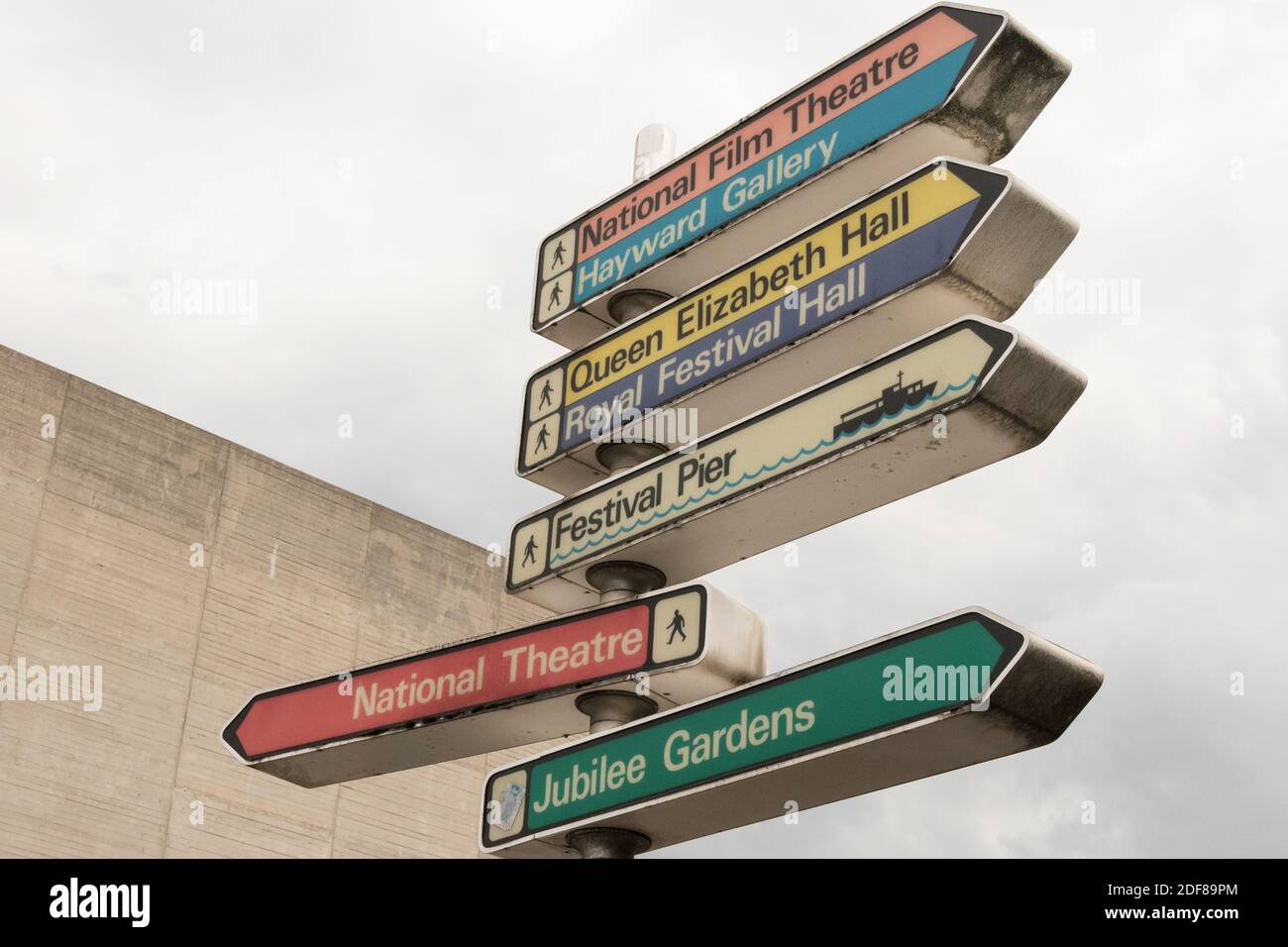 Colourful directional signage outside the Southbank Centre, Belvedere Road, ‎London‎, ‎SE1, UK Stock Photo