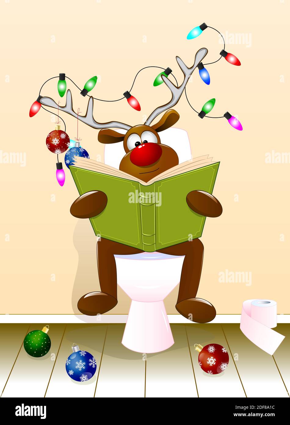 A cartoon deer reading a book sitting on a toilet bowl. The antlers are decorated with Christmas balls and a luminous garland. Holiday Christmas. Stock Vector