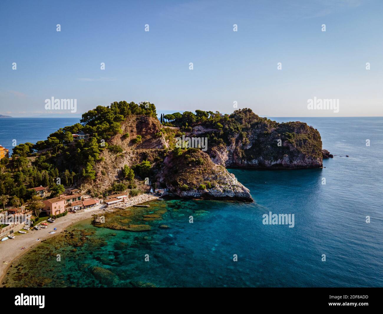 Isola Bella at Taormina, Sicily, Aerial view of the island and Isola Bella beach and blue ocean water in Taormina, Sicily, Italy Europe Stock Photo