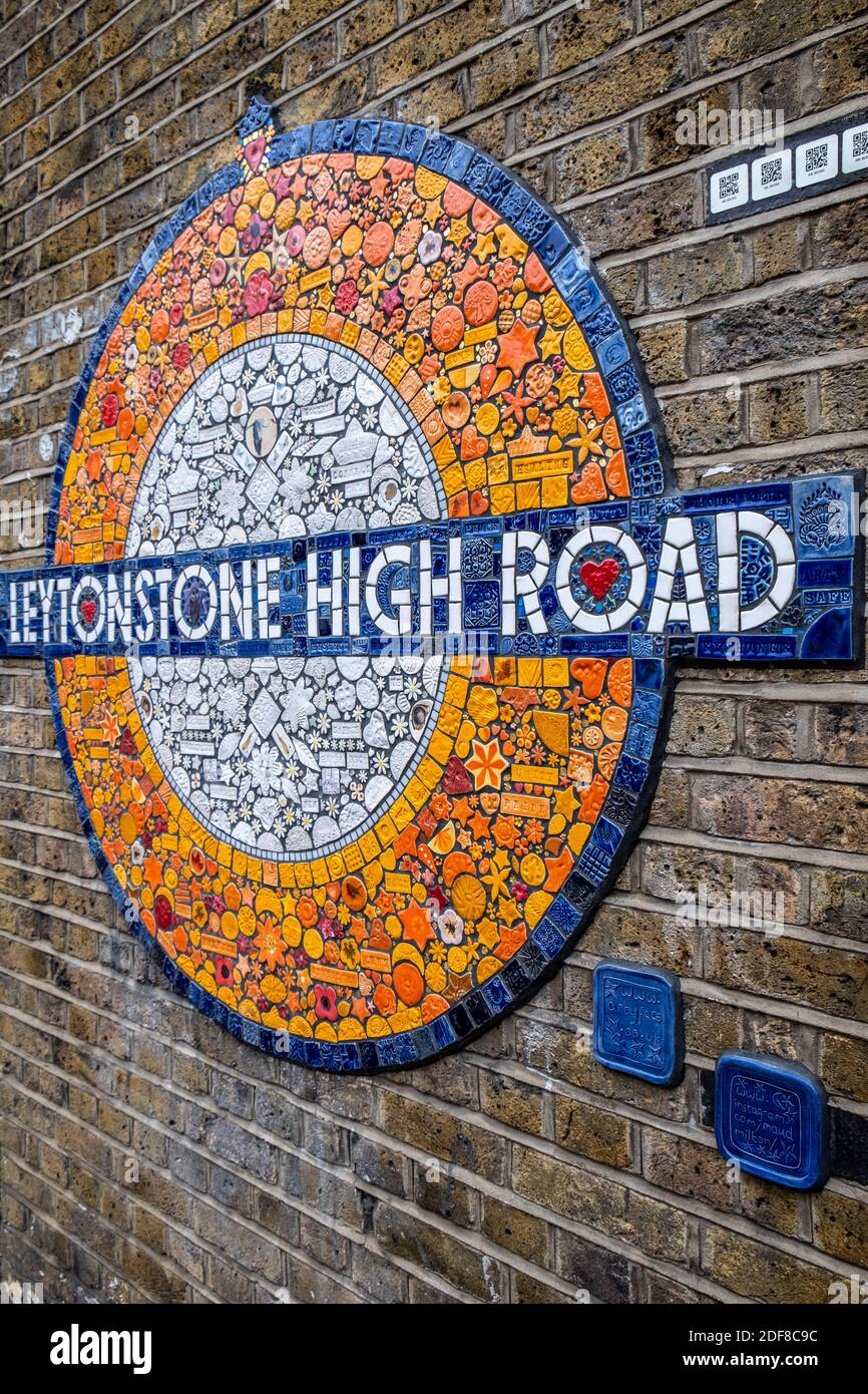 Mosaic artwork for the entrance sign to Leytonstone High Road Railway
