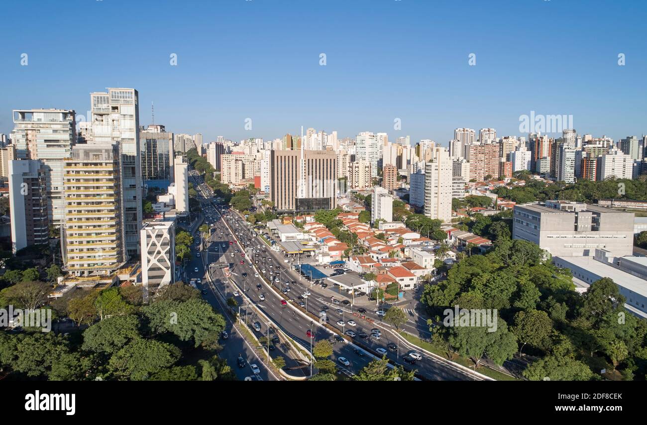 Aerial view of Sao Paulo city, car traffic in 23 de Maio avenue, north-south corridor, commercial and residential buildings in Sao Paulo city,  Brazil Stock Photo