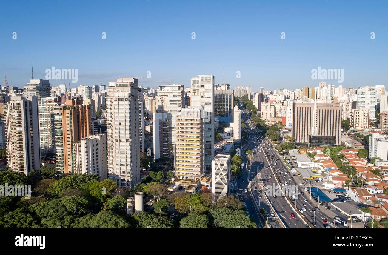 Aerial view of Sao Paulo city, car traffic in 23 de Maio avenue, north