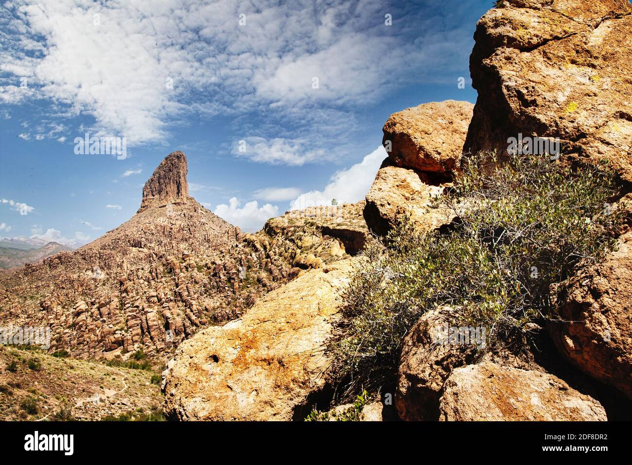 Weavers Needle rises high into the sky in the Superstition Mountains of Arizona. Stock Photo