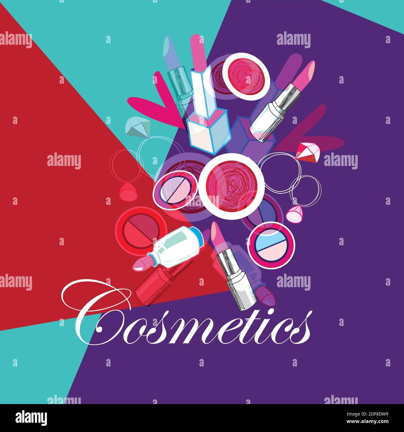 Bright vector poster with cosmetics lipstick on pop art background. Advertising design of lipstick and cosmetics on a bright poster Stock Vector