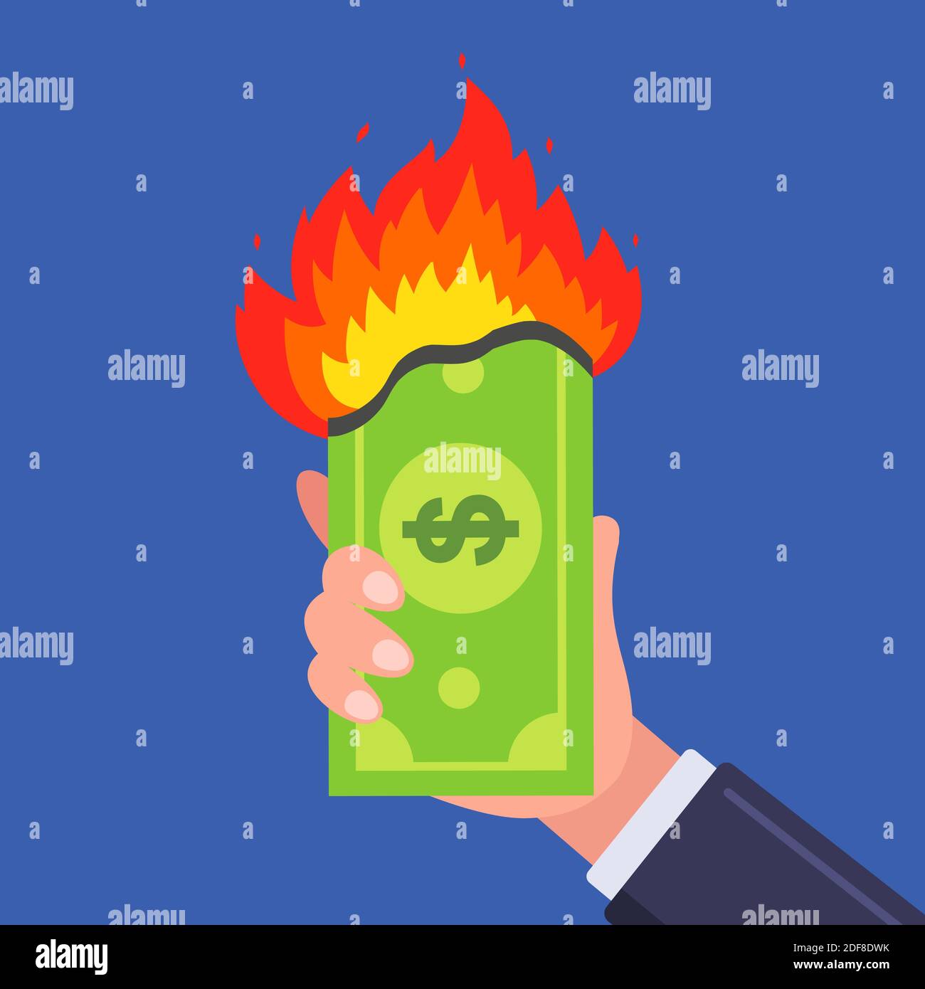 a bill is burning in a man hand. business financial crisis. flat vector illustration. Stock Vector