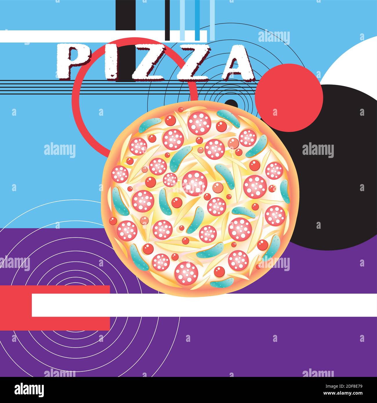 Bright vector poster with pizza on a geometric background. Advertising pizza design on modern pop art Stock Vector