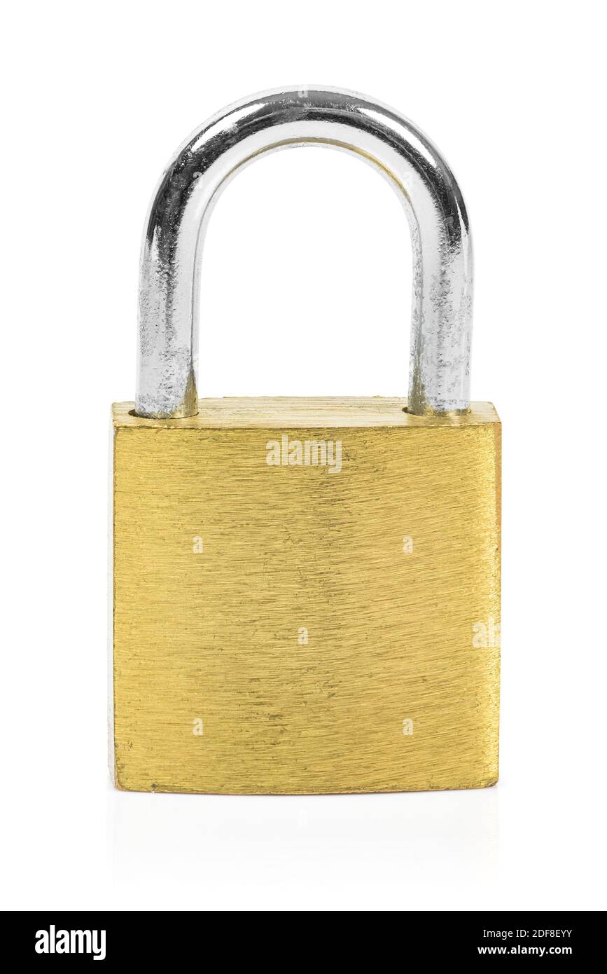 Yellow locked padlock isolated on white background with clipping path ...